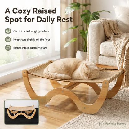 Solid Wood Elevated Pet Bed Cot for Cats & Small Dogs - Cooling Breathable Woven Mat, Ventilation, No-Tool No-Screw Easy Assembly, Durable, Stable, Everyday Use