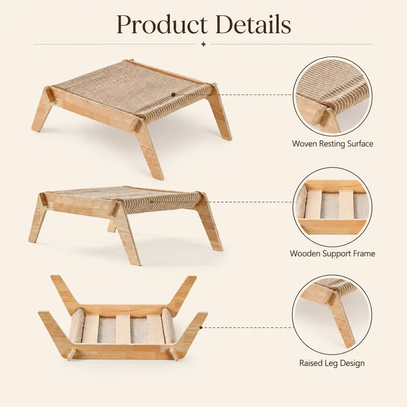 Solid Wood Elevated Pet Bed Cot for Cats & Small Dogs - Cooling Breathable Woven Mat, Ventilation, No-Tool No-Screw Easy Assembly, Durable, Stable, Everyday Use
