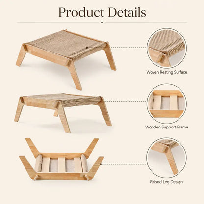 Solid Wood Elevated Pet Bed Cot for Cats & Small Dogs - Cooling Breathable Woven Mat, Ventilation, No-Tool No-Screw Easy Assembly, Durable, Stable, Everyday Use