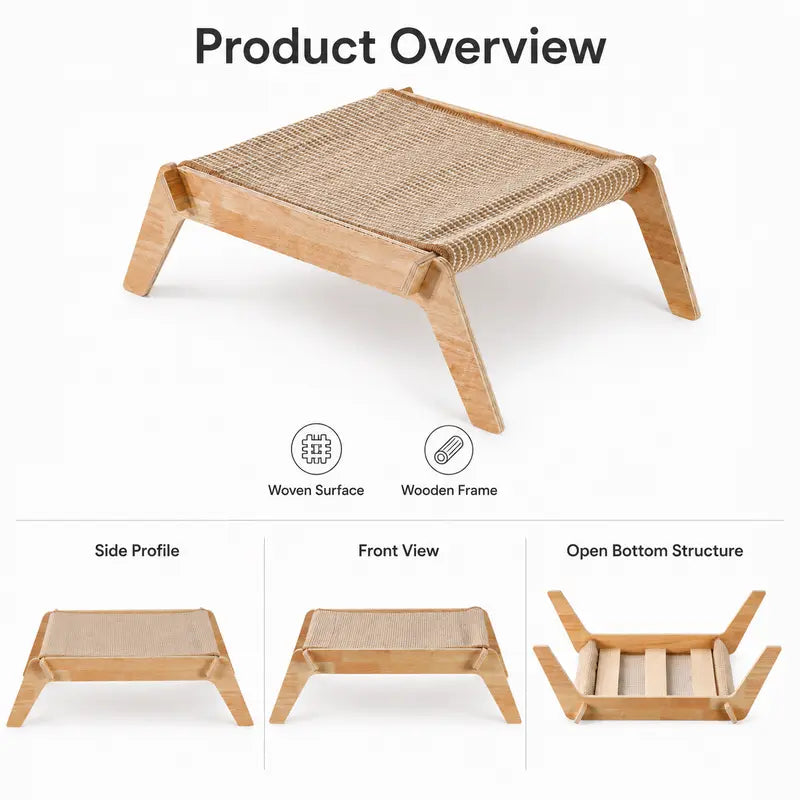Solid Wood Elevated Pet Bed Cot for Cats & Small Dogs - Cooling Breathable Woven Mat, Ventilation, No-Tool No-Screw Easy Assembly, Durable, Stable, Everyday Use