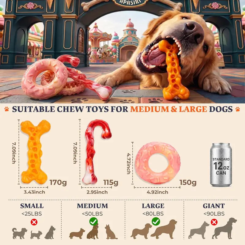 Apasiri 3-Pack Tough Dog Toys for Aggressive Chewers 25-90Lbs, Hard Nylon | Natural Milk Flavor, Indestructible Chew Toys for Medium&Large Dogs, Long-Lasting, Relieve Anxiety,Reduce Destructive Chewing